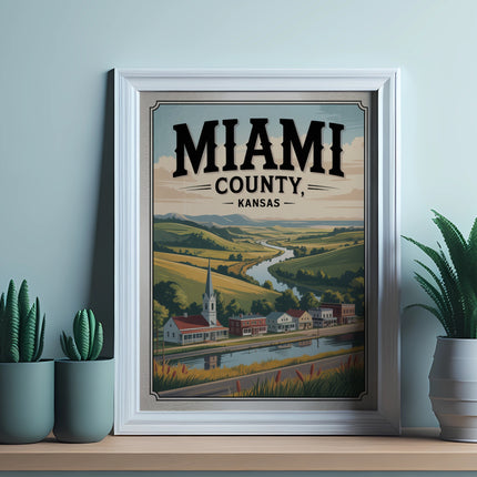 Framed vintage artwork of Miami County, Kansas landscape with buildings and river.