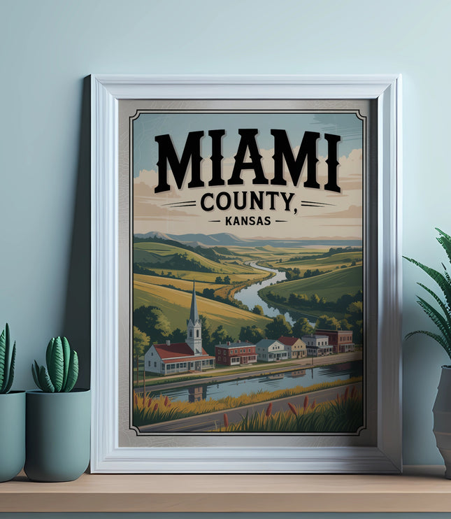Framed vintage artwork of Miami County, Kansas landscape with buildings and river.