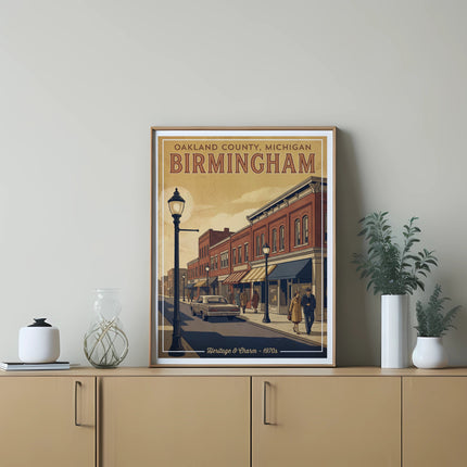 Art print for Oakland County, Michigan, Birmingham, featuring a vintage street scene.