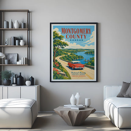 Montgomery County, Kansas travel poster with scenic road, lake, and text.