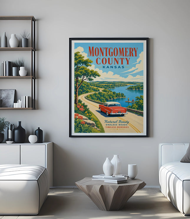 Montgomery County, Kansas travel poster with scenic road, lake, and text.