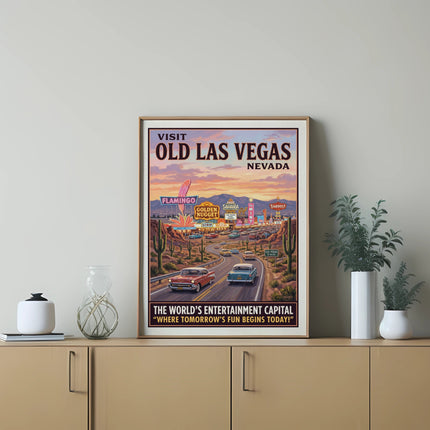 Vintage "Old Las Vegas Nevada" poster with retro cars driving into the city.