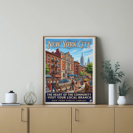New York City poster with "The Heart of the Community" text, featuring a street scene.