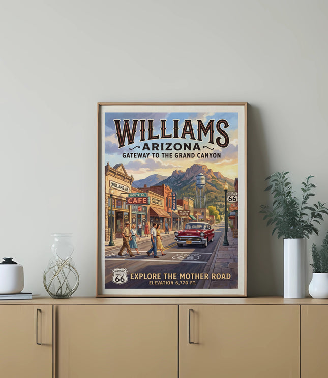 Vintage poster of Williams, Arizona featuring Route 66, cafes, and a historic feel.