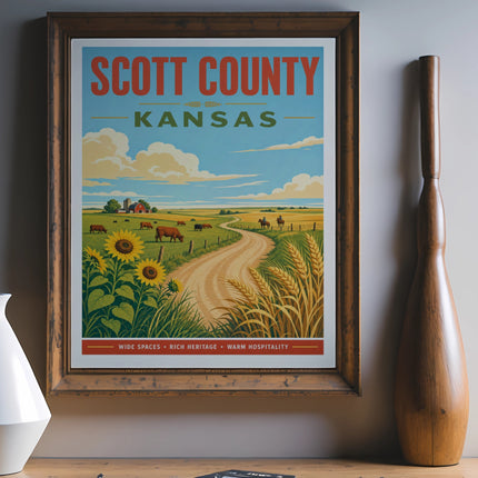 Vintage poster of Scott County, Kansas with farm scene, wheat, and sunflowers.