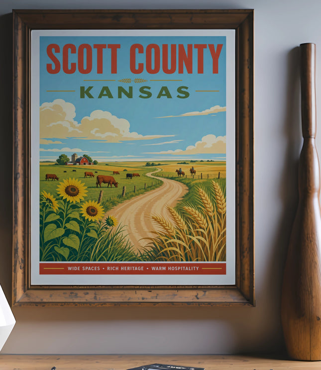 Vintage poster of Scott County, Kansas with farm scene, wheat, and sunflowers.