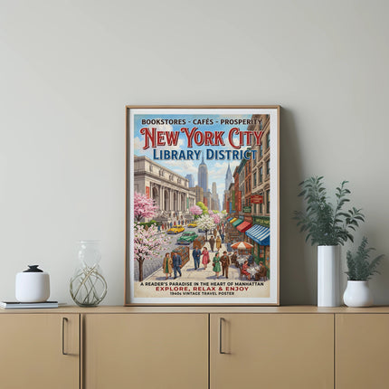 Vintage New York City Library District travel poster with booksellers and cafes.