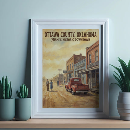 Vintage art print showing Ottawa County, Oklahoma, Miami's historic downtown.