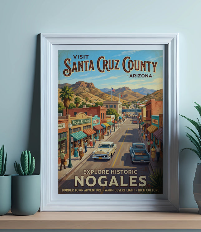 Vintage travel poster for Santa Cruz County, Arizona, featuring historic Nogales.
