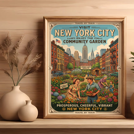 New York City Community Garden poster with people, sunflowers, and text "Travel by Train".