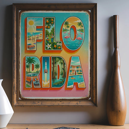 Vintage Florida postcard with classic scenes and text, framed.
