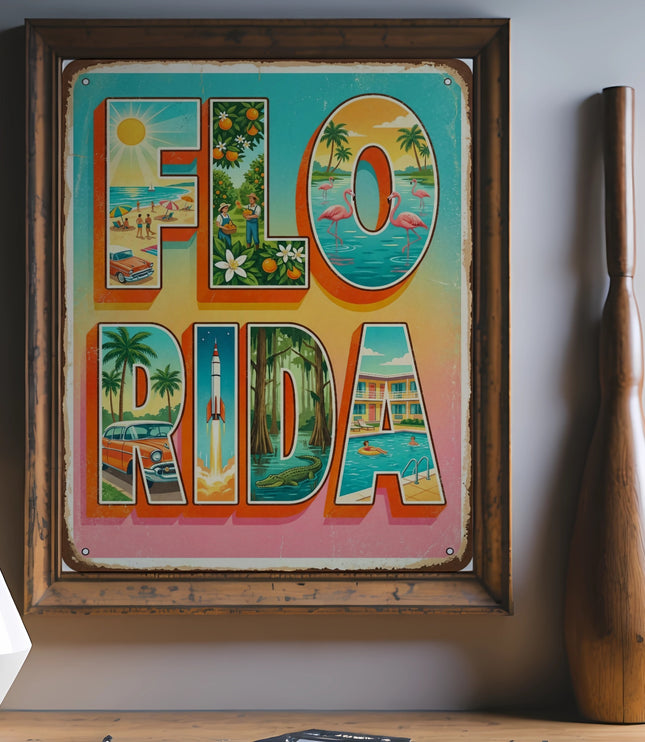 Vintage Florida postcard with classic scenes and text, framed.