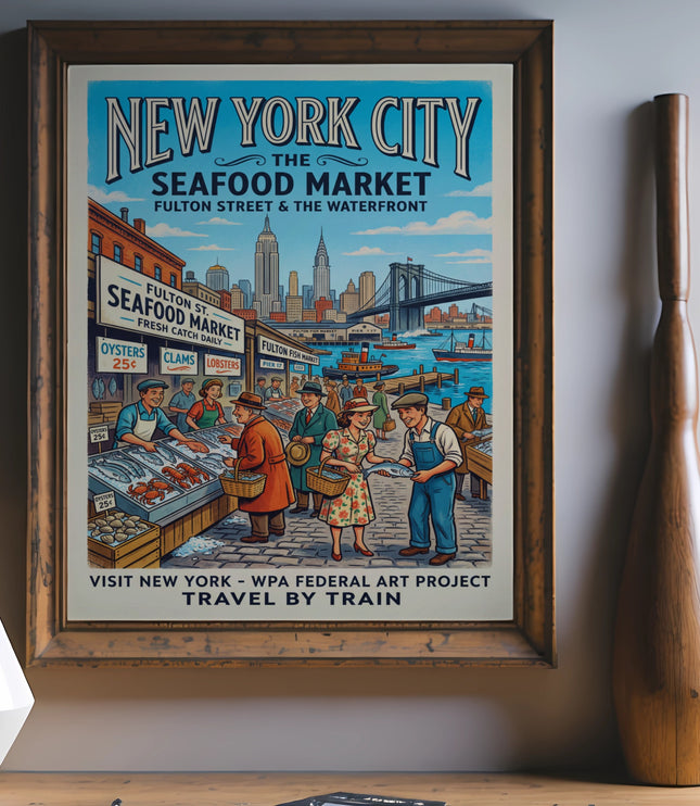 New York City Seafood Market vintage travel poster with skyline and people.