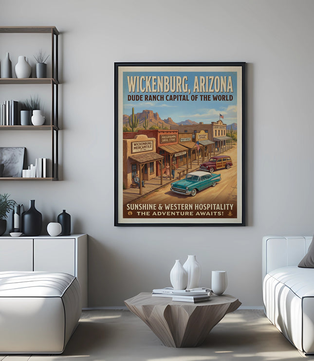 Vintage Wickenburg, Arizona poster with desert town and text.