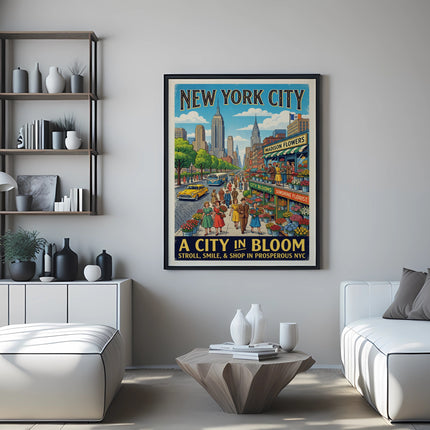 New York City "A City in Bloom" vintage travel poster with flowers and buildings.