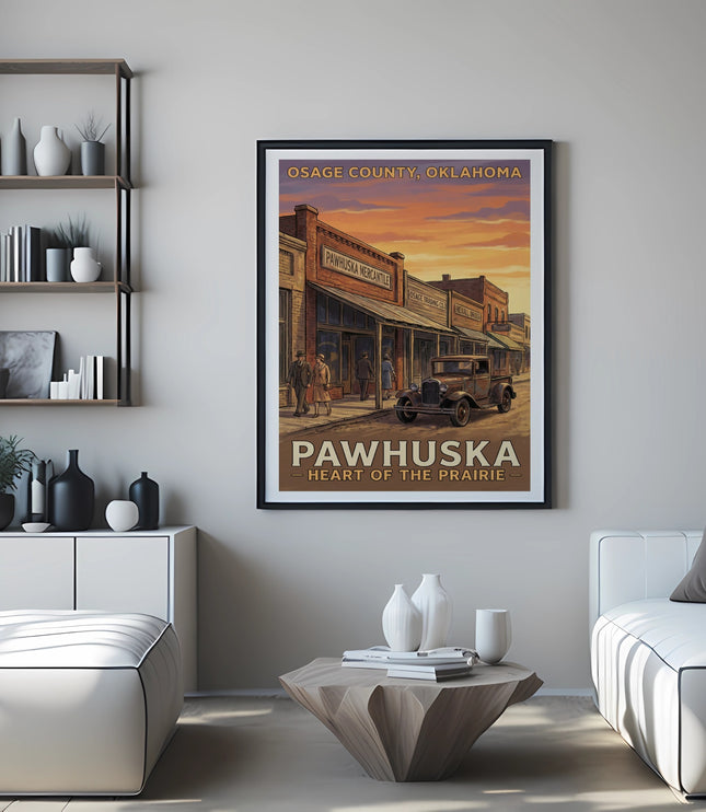 Pawhuska, Oklahoma vintage poster featuring downtown street scene and text.