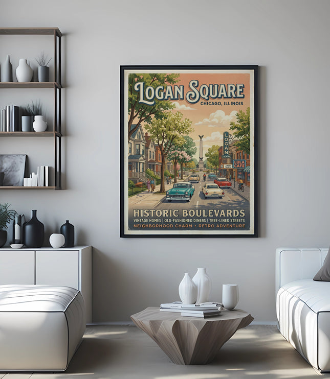 Logan Square Chicago, Illinois vintage art with historic boulevard scene and retro adventure text.