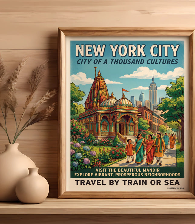 New York City poster with a mandir, diverse people, and Empire State Building.