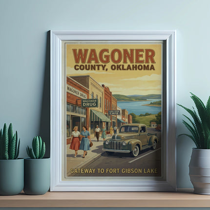 Vintage poster showing Wagoner, Oklahoma, with a truck and "Gateway to Fort Gibson Lake."