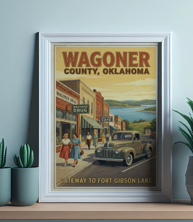 Vintage poster showing Wagoner, Oklahoma, with a truck and "Gateway to Fort Gibson Lake."