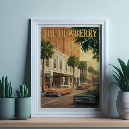 Poster of "The Dewberry" hotel with vintage cars and palm trees on a street.