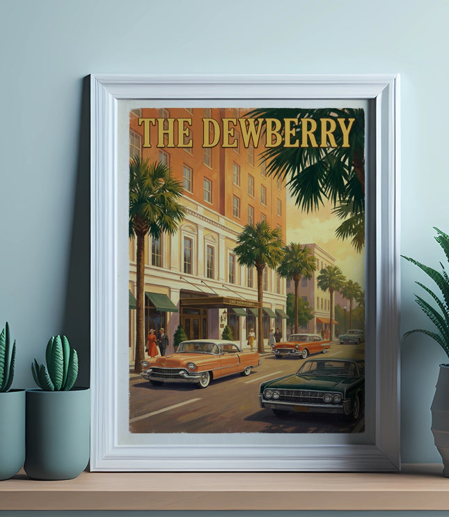 Poster of "The Dewberry" hotel with vintage cars and palm trees on a street.