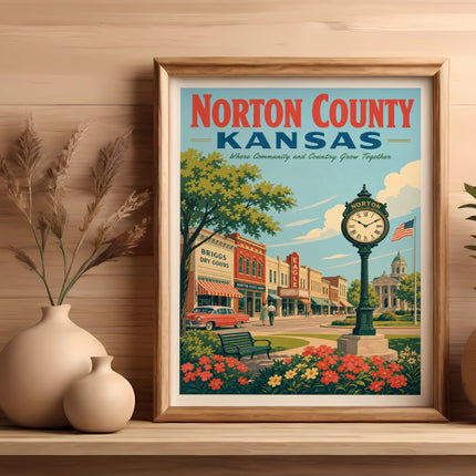 Vintage poster of Norton County, Kansas, featuring a town square scene with buildings and a clock tower.