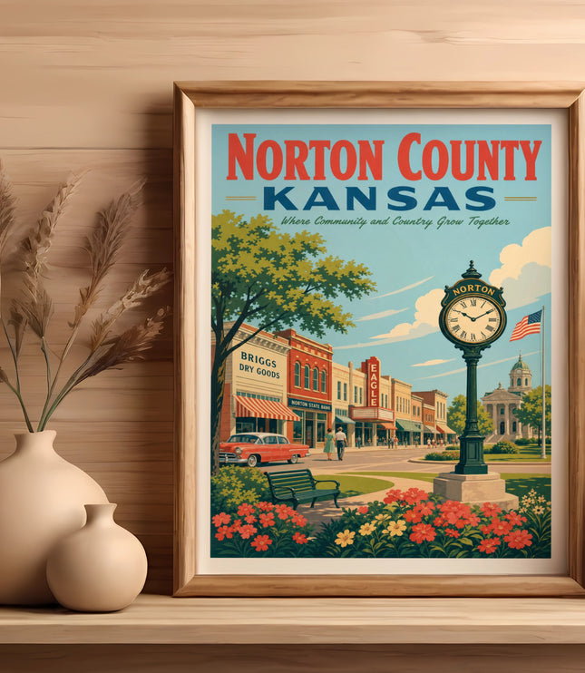 Vintage poster of Norton County, Kansas, featuring a town square scene with buildings and a clock tower.