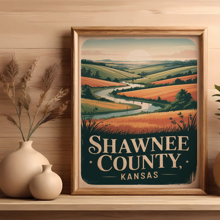 Framed print of Shawnee County, Kansas landscape with rolling hills and a river.