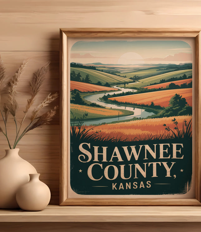 Framed print of Shawnee County, Kansas landscape with rolling hills and a river.