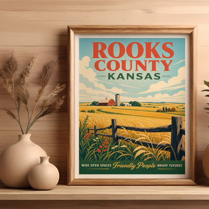 Rooks County, Kansas vintage travel poster with fields and farm buildings.