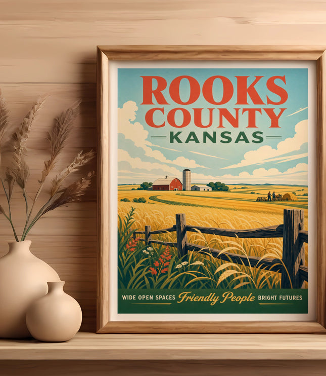 Rooks County, Kansas vintage travel poster with fields and farm buildings.