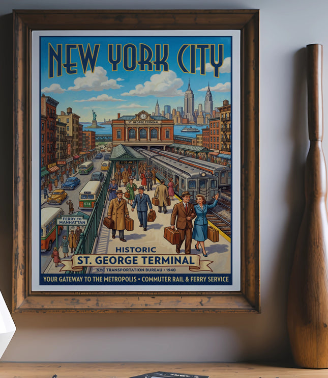New York City historic St. George Terminal poster with trains and ferries.