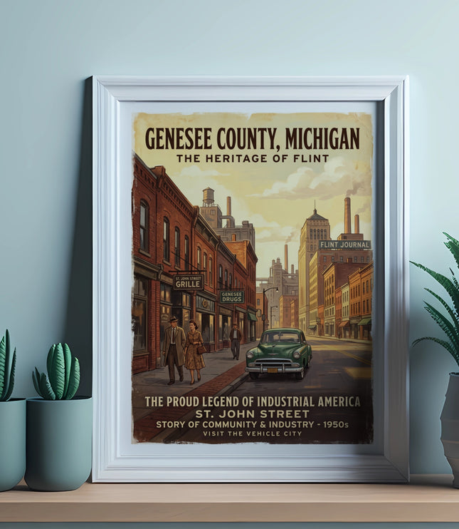 Genesee County Michigan poster featuring St. John Street, Flint, and 1950s industry.