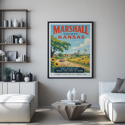Marshall County Kansas poster with text and scenic illustration.