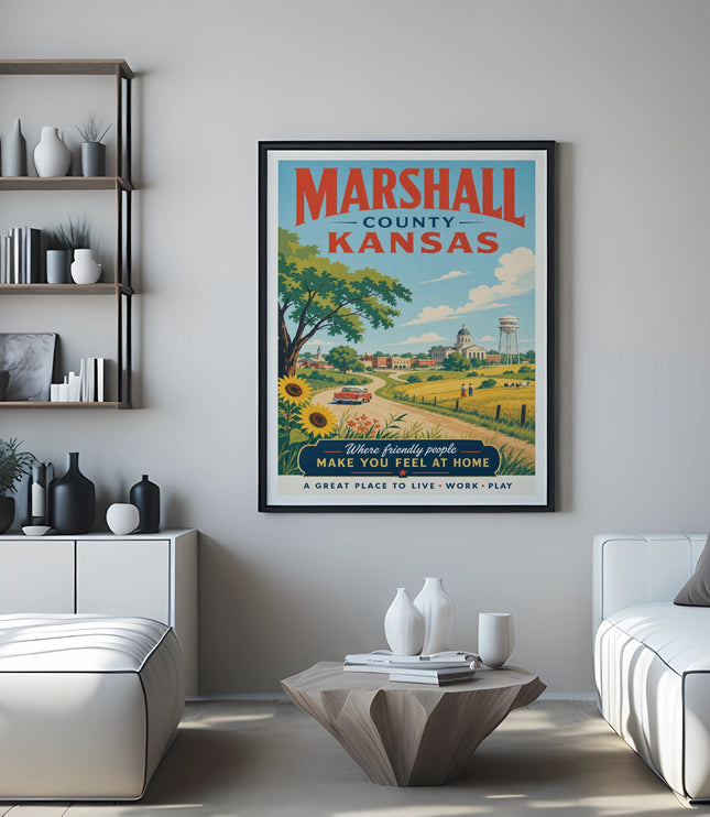 Marshall County Kansas poster with text and scenic illustration.