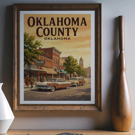 Vintage poster of Oklahoma County with street scene, cars, and buildings.