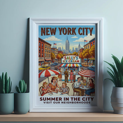 New York City poster for Sally's Ice Cream, depicting a street scene.