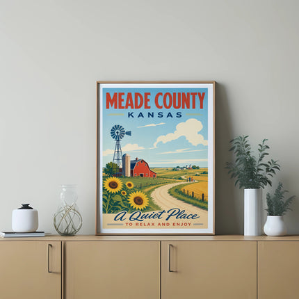 Meade County Kansas poster with barn, sunflowers, and windmill.