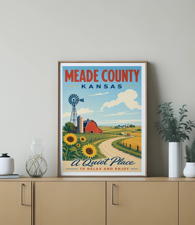 Meade County Kansas poster with barn, sunflowers, and windmill.