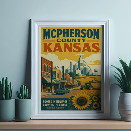 McPherson County, Kansas vintage poster with grain elevators and sunflowers.