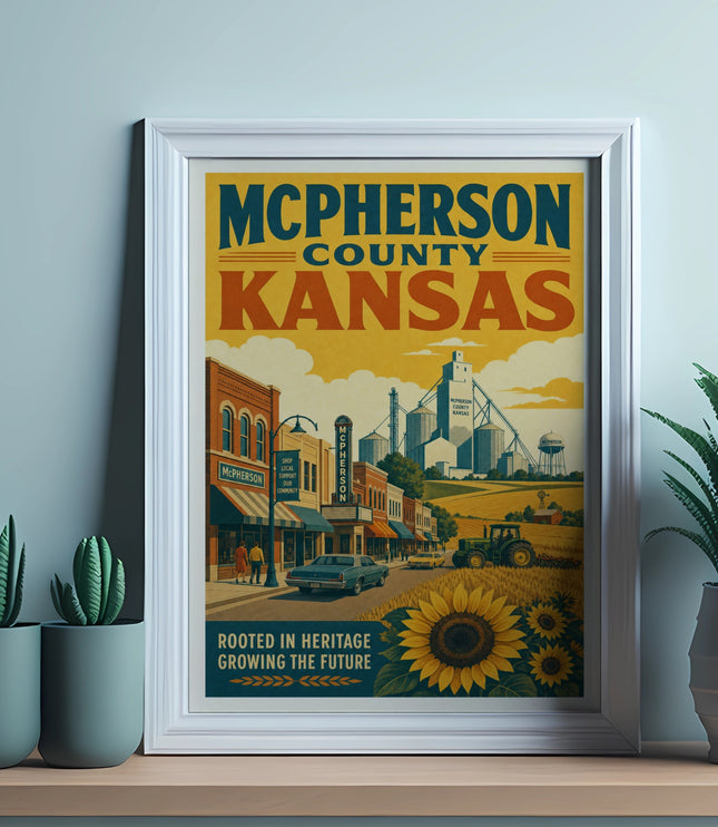 McPherson County, Kansas vintage poster with grain elevators and sunflowers.
