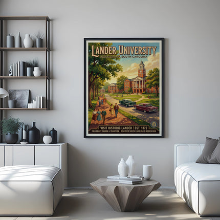 Lander University travel poster featuring historic buildings, people, and cars.