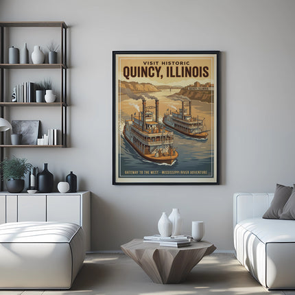 Historic Quincy, Illinois poster with steamships on the Mississippi River.
