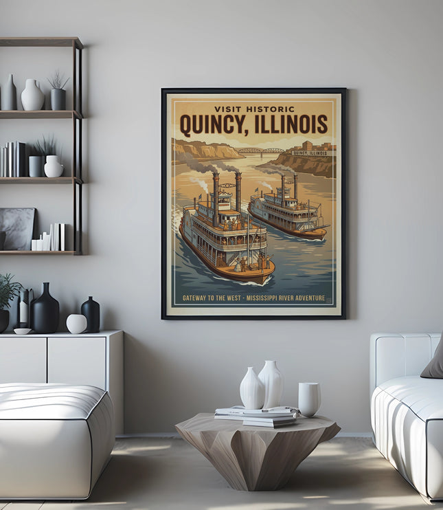 Historic Quincy, Illinois poster with steamships on the Mississippi River.