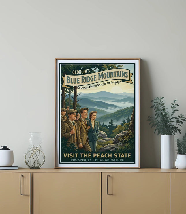 Georgia's Blue Ridge Mountains poster with people hiking and landscape.