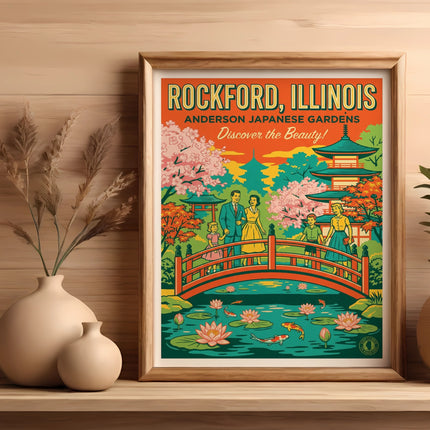 Rockford, Illinois "Discover the Beauty!" vintage travel poster art.