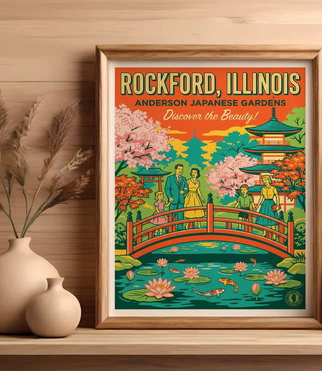 Rockford, Illinois "Discover the Beauty!" vintage travel poster art.