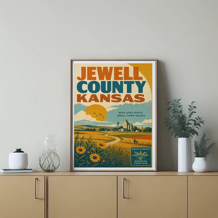 Jewell County Kansas poster with sunflowers, fields, and buildings.