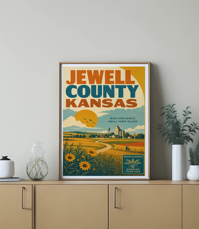 Jewell County Kansas poster with sunflowers, fields, and buildings.